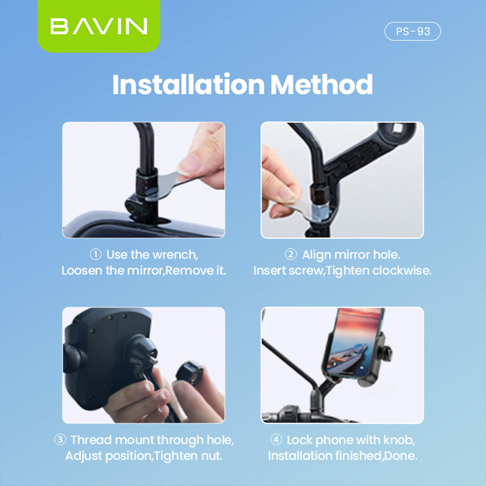 BAVIN PS93 Universal 360° Adjustable Shockproof Rearview Mirror Phone Holder Anti-Slip Mount for Motorcycle & Bike
