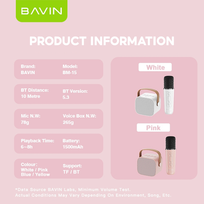 BAVIN DV-BM15 Mini Portable Bluetooth Wireless Karaoke Speaker w/2 Wireless Microphones