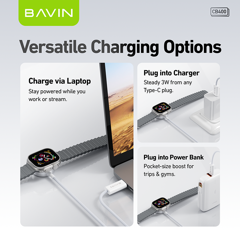 BAVIN U-CB400 3W Magnetic Wireless Charger w/ Smart Chip & Type-C Cable Compatible for iPh Watch Series 1–10/SE/Ultra