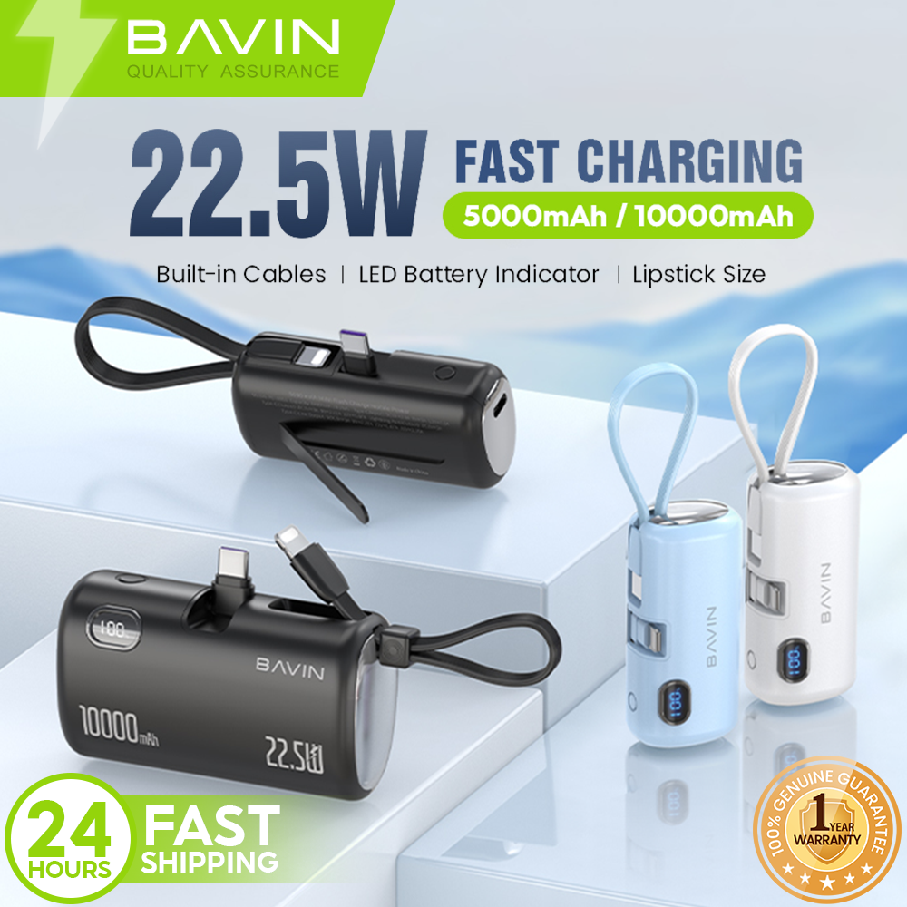 BAVIN PC1091S 5000mAh / PC1201S 10000mAh Mini Fast Charging Powerbank 22.5W USB-C Input/Output, Built-in Cable & Stand