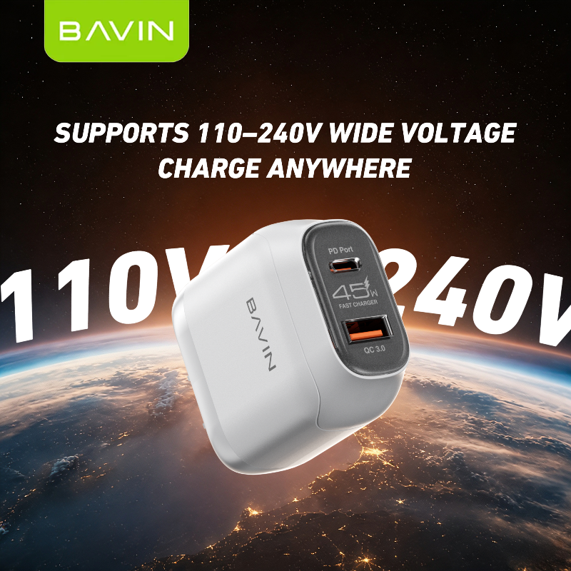 BAVIN PC2165 45W PD QC3.0 USB-C+22.5W USB Fast Charging Charger w/ 1M Cable for iPh 17/Android/Laptop