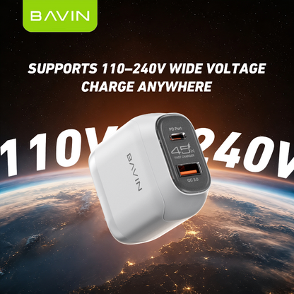 BAVIN PC2165 45W PD QC3.0 USB-C+22.5W USB Fast Charging Charger w/ 1M Cable for iPh 17/Android/Laptop