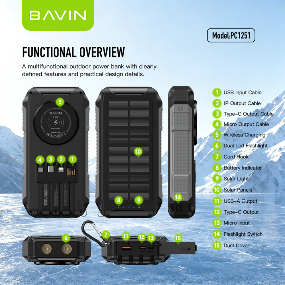 BAVIN PC1251 30000mAh Solar Power Bank PD 22.5W Fast+15W Wireless Charge w/ Cables, LED Light, 3 Output