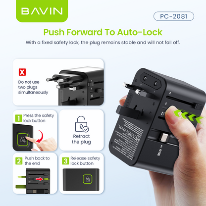 BAVIN PC2080 70W / 45W PD GaN Fast Charging Adapter & Multi-Port Universal Plug Charger for Laptop, Phones & Tablets