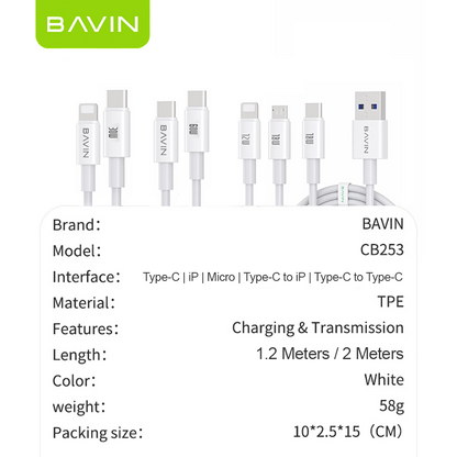 BAVIN U-CB253 60W 30W 18W 12W Fast Charging & Data Transfer 1.2/2m Cable For Micro Type-C iPhone