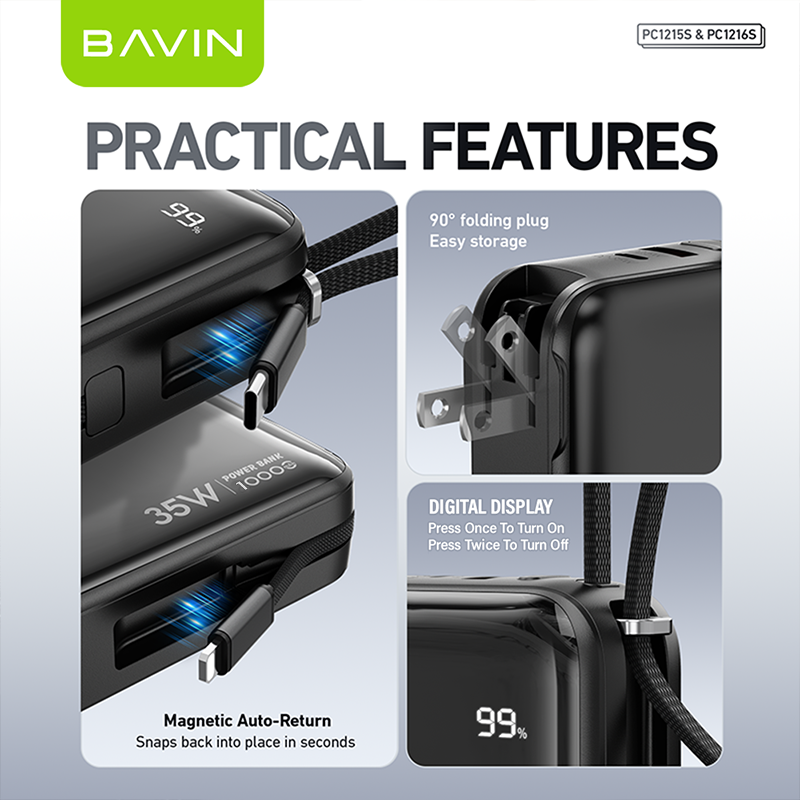 BAVIN PC1215 2-in-1 10000mAh/20000mAh 35W PD Fast Charging Powerbank w/ Built-in Dual Cables + AC Plug