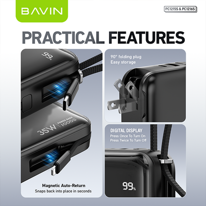 BAVIN PC1215 2-in-1 10000mAh/20000mAh 35W PD Fast Charging Powerbank w/ Built-in Dual Cables + AC Plug