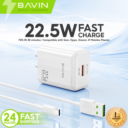 BAVIN PC2091 22.5W PD Fast Charging Charger Adapter USB Port &1 Meter Cable for Micro / Type-C /iPhone