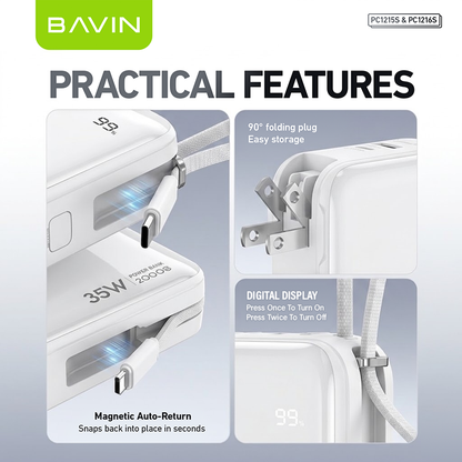 BAVIN PC1215 2-in-1 10000mAh/20000mAh 35W PD Fast Charging Powerbank w/ Built-in Dual Cables + AC Plug