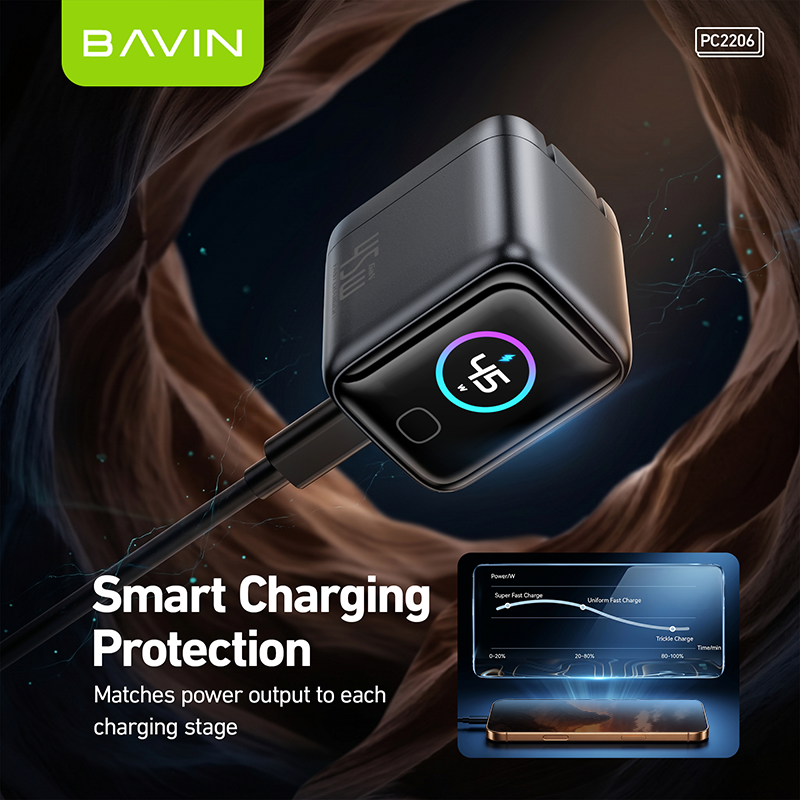 BAVIN PC2206 Mini 45W PD GaN Fast Charger Wall Adapter w/Smart Display+Foldable Plug for iPhone17/Laptop