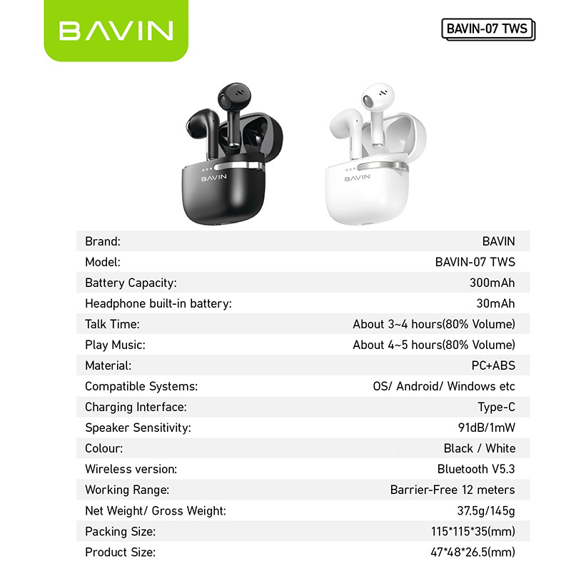 BAVIN BA07 TWS Bluetooth Earphone w/ High Stereo Inductive Touch Control