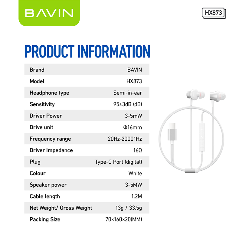 BAVIN HX873 Universal Hi-Res Audio Sound Type-C Wired Earphone Built Mic for iPhone 15-17 & Android Devices
