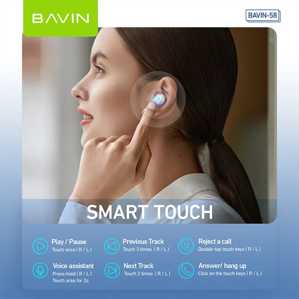 BAVIN HB-BA-58 HiFi Wireless Bluetooth Earbuds w/ Built-in Microphone