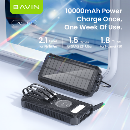BAVIN PC1117 10000mAh Wireless Solar Powerbank w/ 6 Output Ports and Strong LED Light