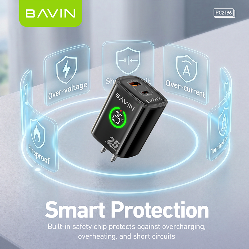 BAVIN PC2196 PD 25W+QC 3.0 Fast Charging Wall Charger Dual Ports w/ LED Display+ iPhone/Type-C Cable