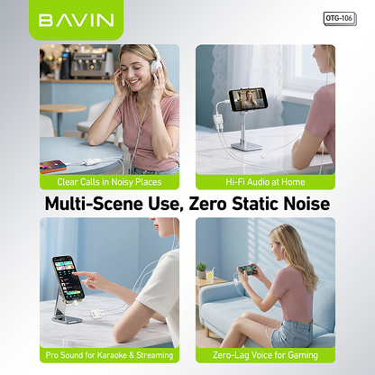 BAVIN O106 Hi-Fi Audio & Charging 2-in-1 Type-C to Dual Type-C OTG Adapter for Phones, Tablet & Laptop