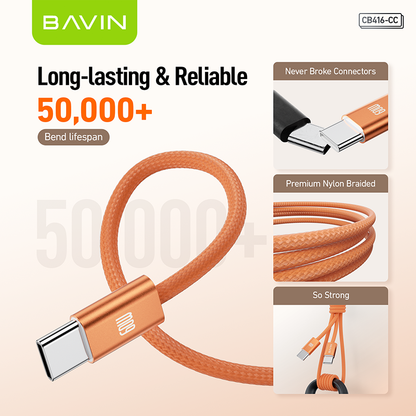 BAVIN CB416 Fast Charging PD 60W Braided 1M Data Cable Type-C to Type-C/Type-C to iPhone|480 Mbps Compatible with iPhone 15-17 & Type-C Devices