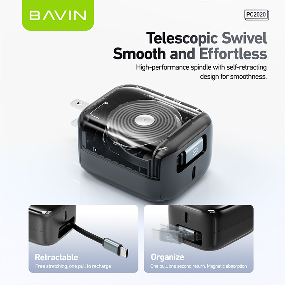 BAVIN PC2020 40W PD Fast Charging AC Adapter Built in Retractable iPhone Cable for iPhone 17/Android /Laptop