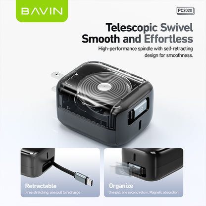 BAVIN PC2020 40W PD Fast Charging AC Adapter Built in Retractable iPhone Cable for iPhone 17/Android /Laptop