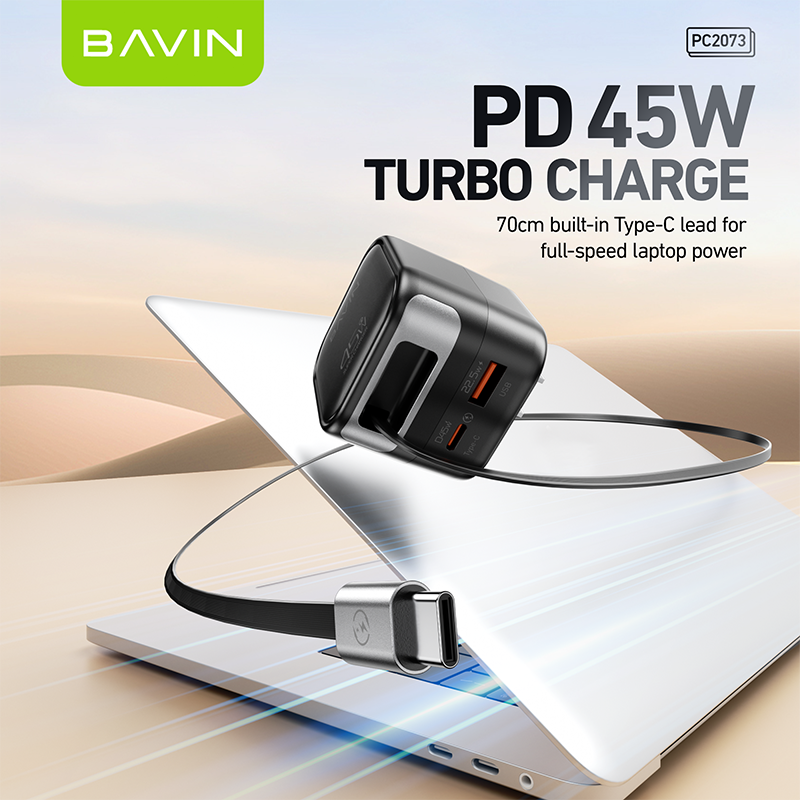 BAVIN C-PC2073 45W PD Fast Charger w/ Built-in Retractable Type-C & iPh Cable, Compatible w/ Smartphone / Laptop & Tablets