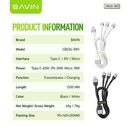 BAVIN CB236 3-in-1 60W 30W 18W Fast Charging Nylon Braided & Data Transfer Cable for iPh & Android (Supports 17 Series)