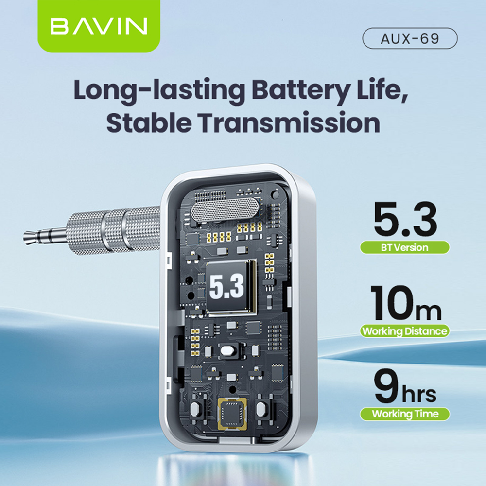 BAVIN AUX69 Hi-Fi Bluetooth 5.3 Wireless Audio Receiver Adapter w/ Built in Mic & 3.5mm AUX Jack for Car & Home Audio