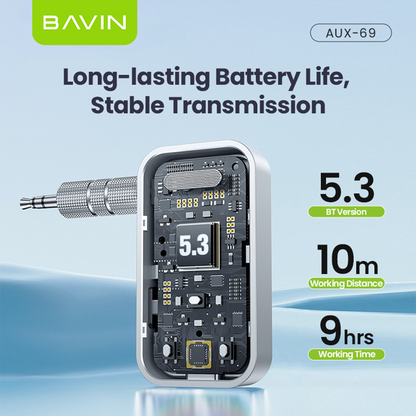 BAVIN AUX69 Hi-Fi Bluetooth 5.3 Wireless Audio Receiver Adapter w/ Built in Mic & 3.5mm AUX Jack for Car & Home Audio