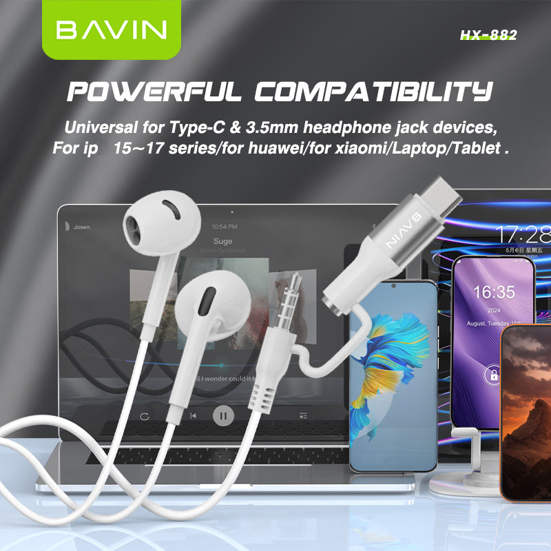 BAVIN HX882 2-in-1 Wired In-Ear Earphones w/ 3.5mm + Type-C Dual Connectors, Hi-Res Audio w/ Volume Control & Microphone