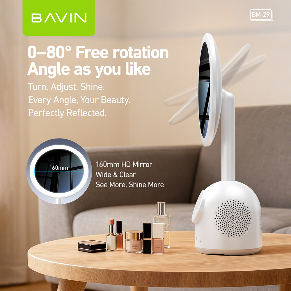 BAVIN BM29 Multifunctional Makeup Mirror Bluetooth Speaker w/ 15W Magnetic Wireless Fast Charging + Freebie 30WPD Charger