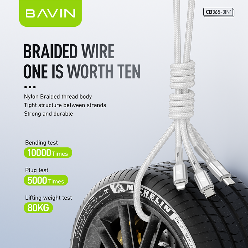 BAVIN CB365 3-in-1 Fast Charging Cable Nylon Braided 3A 480Mbps Data Transfer for Type-C/Micro/iPhone
