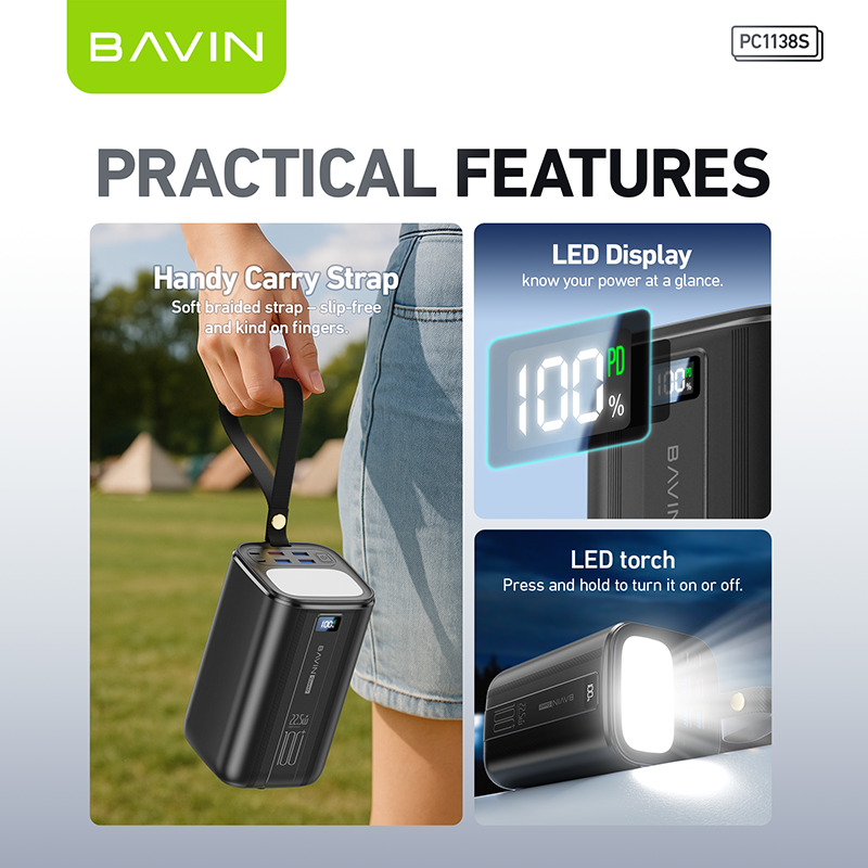 BAVIN Y-PC1057S 80000mAh / Y-PC1138S 100000mAh Heavy Duty Portable 22.5W Fast Charging Powerbank w/ LED Indicator & Flashlight