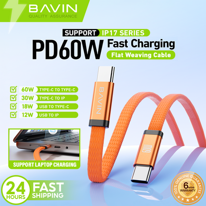 BAVIN CB421 1.2m 60W PD Fast Charging Data Cable Flat Braided Design for iPhone 15–17 Series / Android Devices / Tablets & Laptops