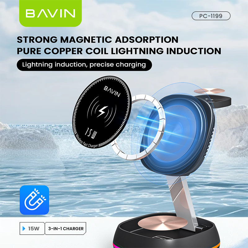 BAVIN C-W-PC1199 3in1 Magnetic Wireless Charger 15W Retractable Type-C Input & Foldable Stand for Phone Watch & Earbuds