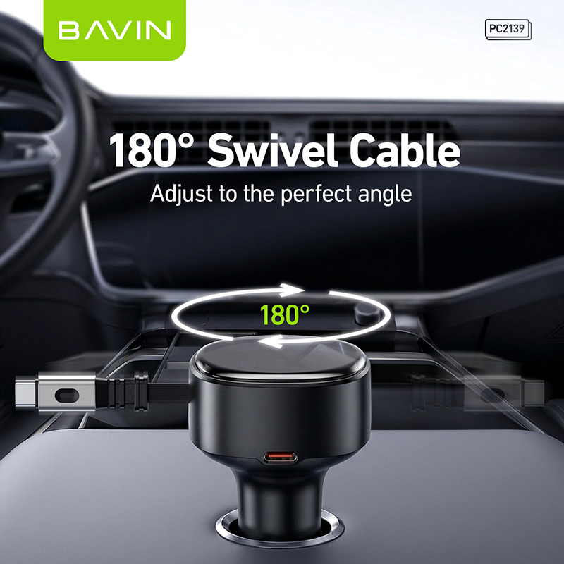 BAVIN PC2139 3-in-1 65W PD Fast Charge Car Charger Built-in Retractable Type-C Cable for Phone/ Laptop