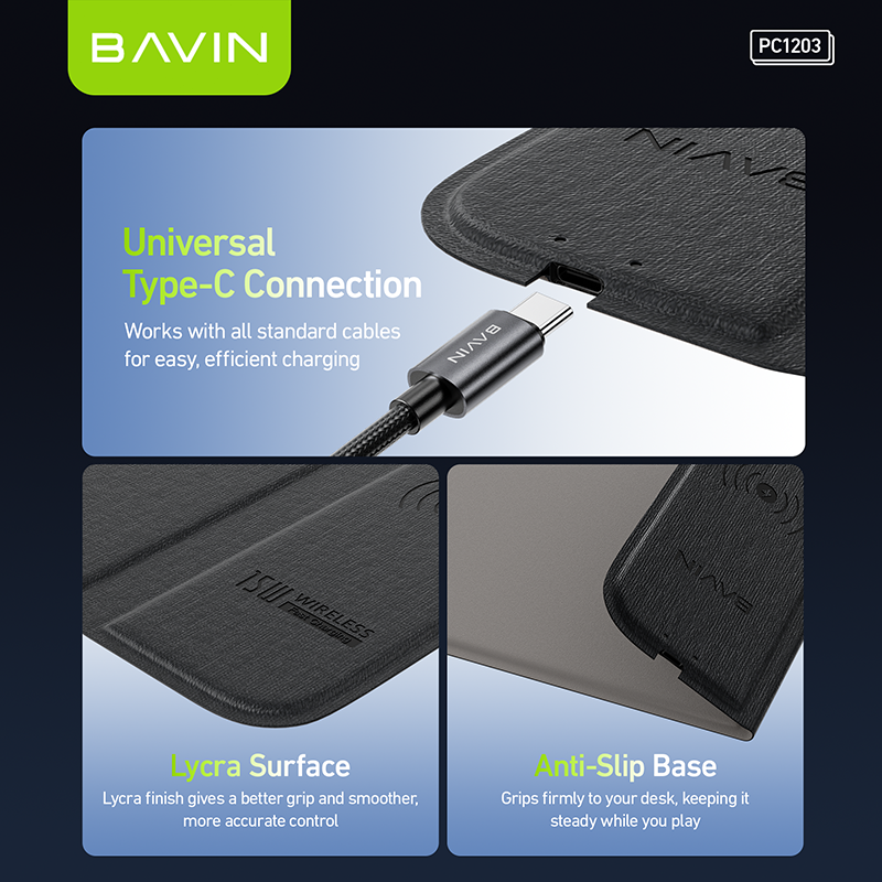 BAVIN C-W-PC1203 2-in-1 15W Wireless Fast Charging Mousepad w/ Anti-Slip Design & Qi Protocol Support