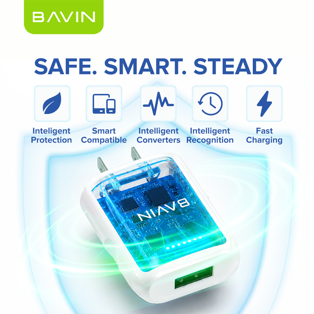 BAVIN PC752 Mini Wall Charger Overcharging Protection Quick Charge w/ USB Cable for Micro/iPhone/Type-C