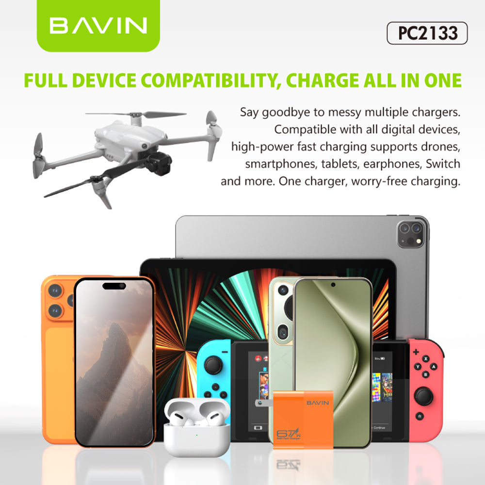 BAVIN PC2133 3in1 67W GaN Fast Charging Charger Dual Type-C + USB Ports w/ 1m Cable for Laptop, Phones