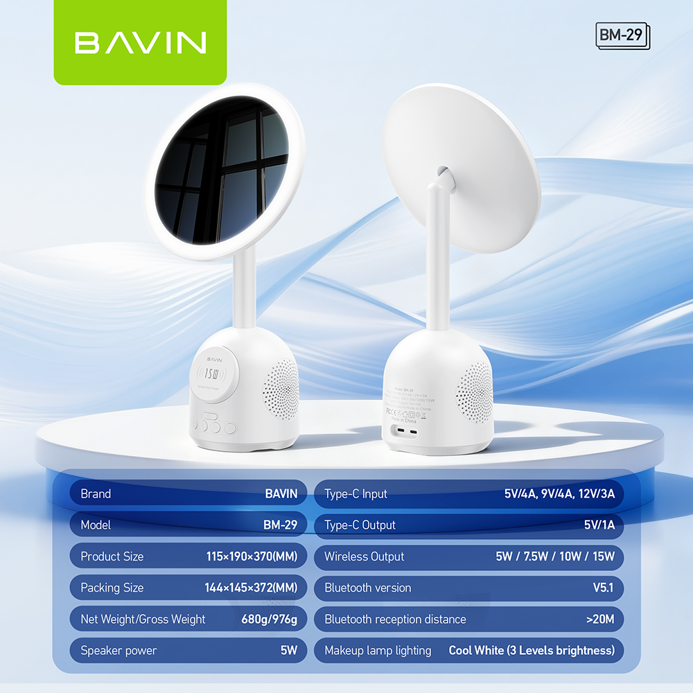 BAVIN BM29 Multifunctional Makeup Mirror Bluetooth Speaker w/ 15W Magnetic Wireless Fast Charging + Freebie 30WPD Charger