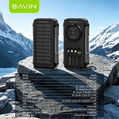 BAVIN PC1251 30000mAh Solar Power Bank PD 22.5W Fast+15W Wireless Charge w/ Cables, LED Light, 3 Output