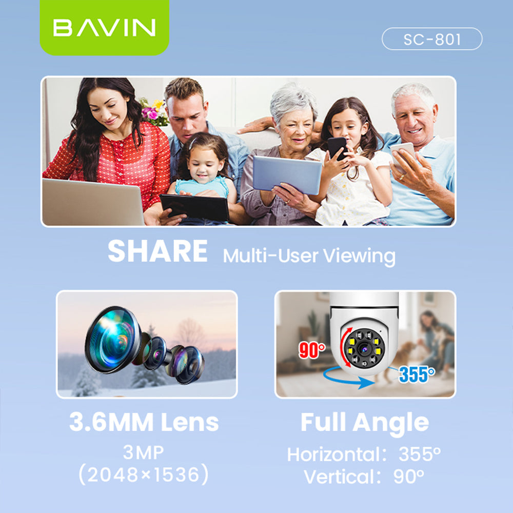 BAVIN SC801 Smart Security Lens Bulb CCTV Camera 3MP WiFi Camera w/Motion Tracking,Alarm System