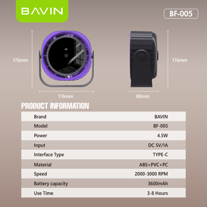 BAVIN BF-005 3600mAh Portable High-Speed Power Cooling Desktop Fan Rechargeable w/ 120 Gears