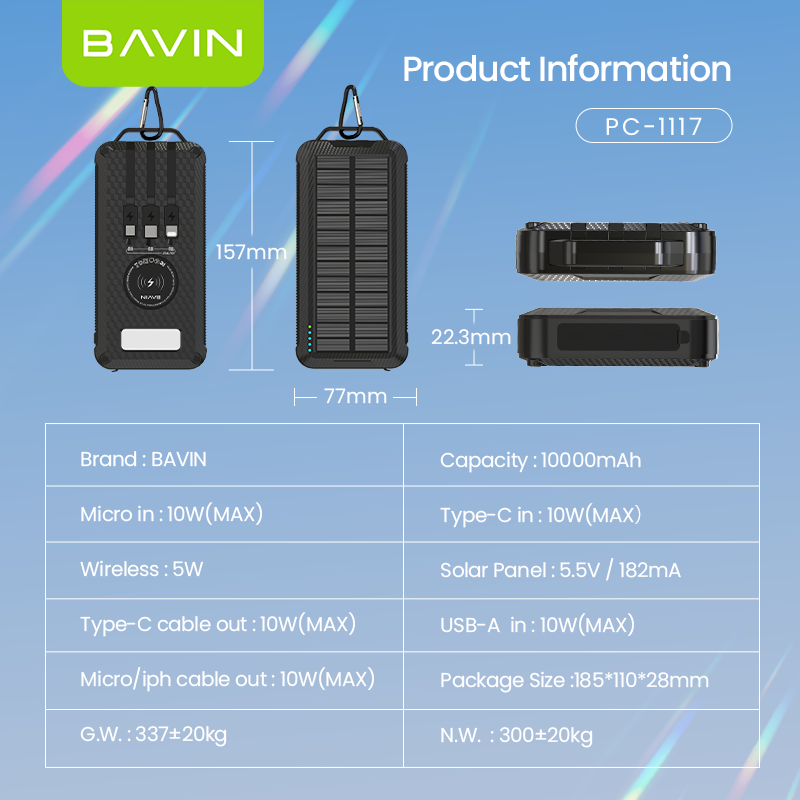 BAVIN PC1117 10000mAh Wireless Solar Powerbank w/ 6 Output Ports and Strong LED Light