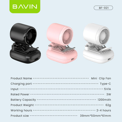 BAVIN BF021 Portable Clip Fan 1200mAh Rechargeable Desk Fan w/High Speed 16000RPM+3 SpeedStrong Wind