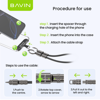 BAVIN U-CB374-XX Fast Charging Cable w/ Crossbody & Wrist Lanyard