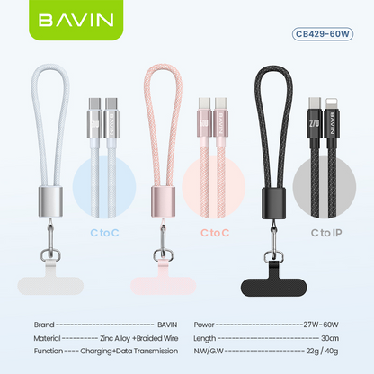 BAVIN CB429 2in1 Portable Fast Charging 60W PD Type-C Data Cable w/ Phone Lanyard for iPhone 17, Android