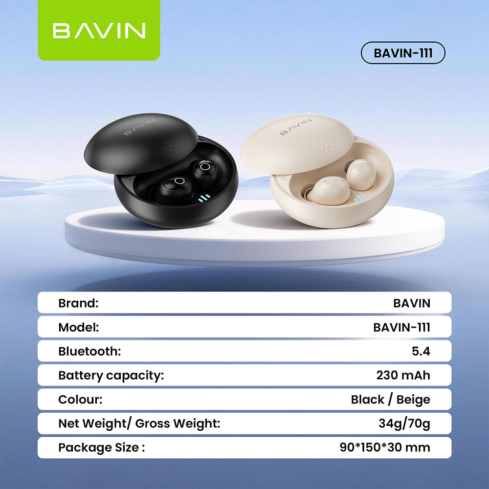 BAVIN BA111 TWS Hi-Res Audio Mini Bluetooth 5.4 Wireless Earbuds w/ Smart Touch & Long Battery Life