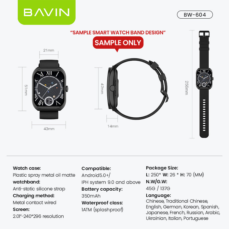 BAVIN BW604 Smart Watch 2.01" Display, Bluetooth Calling, Fitness & Sports Modes, Health Tracking Compatible for Smartphones