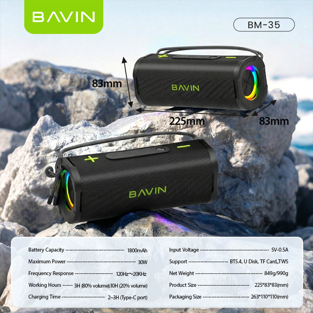 BAVIN BM35 Portable Wireless Bluetooth Speaker 30W TWS Powerful Sound 1800mAh Battery With RGB Light & Lanyard Design