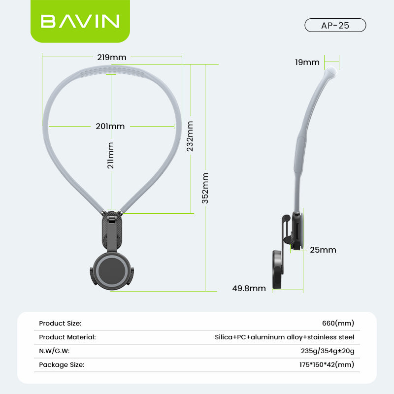 BAVIN D-Z-P25 Magnetic & D-Z-P26 Clip-On Universal Neck Mount Phone Holders | 360° Rotating | Hands-Free Stand for Mobile Phones