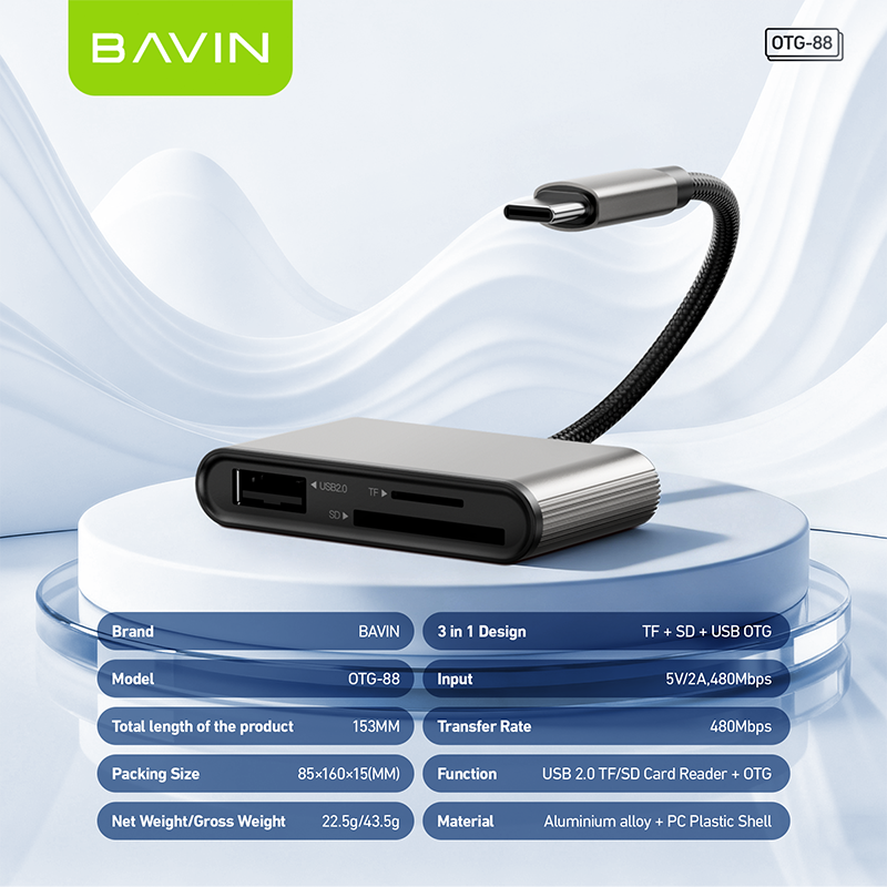 BAVIN O88 OTG 3in1 Card Reader Adapter for USB/TF/SD Card w/480Mbps Data Transfer for Laptop, Phones
